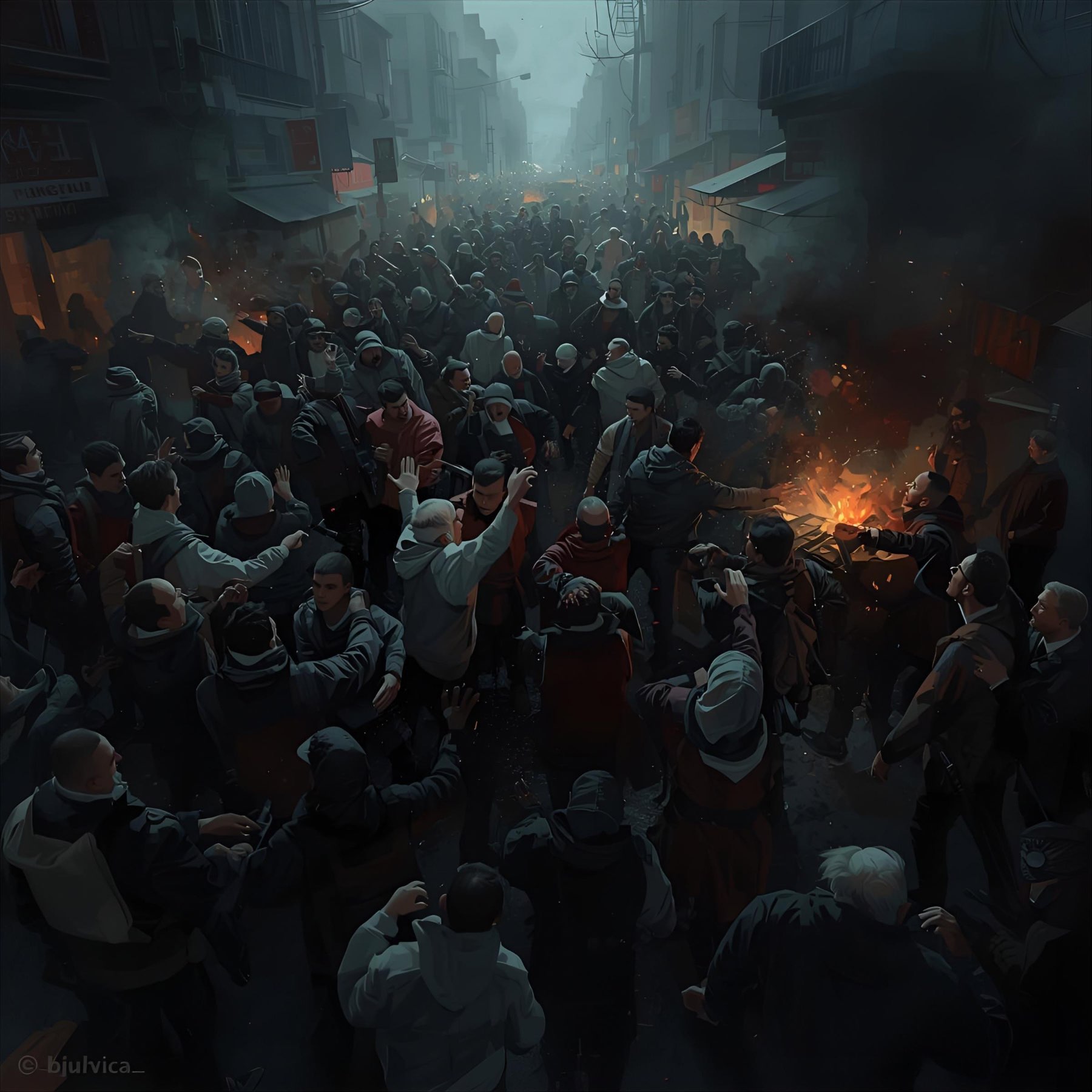 A dark image of lots of people fighting in the street