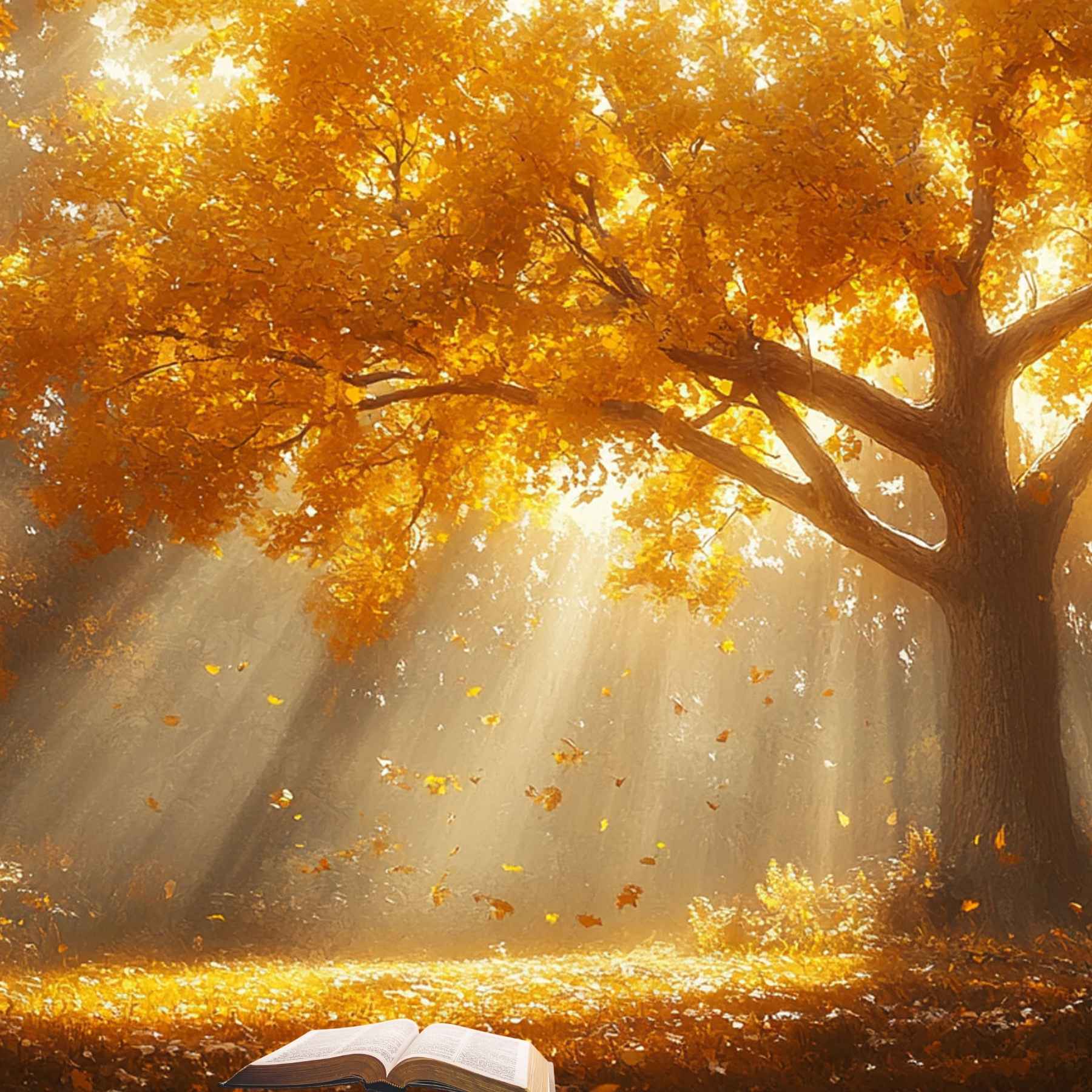 a tree with orange leaves to the right with sunlight streaming down behind it and leaves on the floor with a bible in the foreground