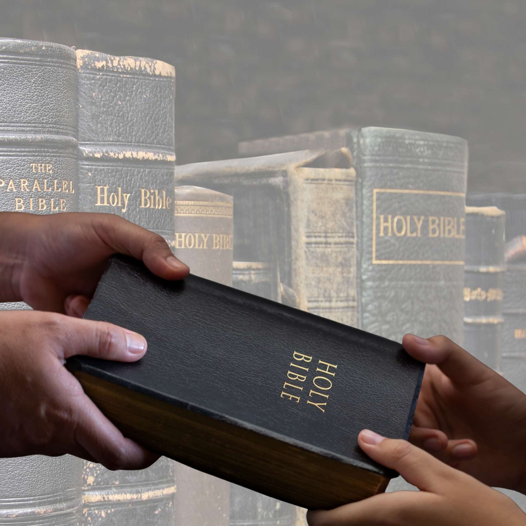a faded background of bibles on a shelf with an overlaid image of two pairs of hands holding a bible one each side